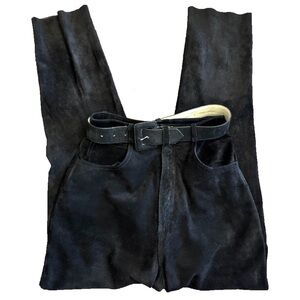 Vintage TANNERY WEST Black Suede Pants Sz 6 & matching ANDREA JOVINE Suede Belt